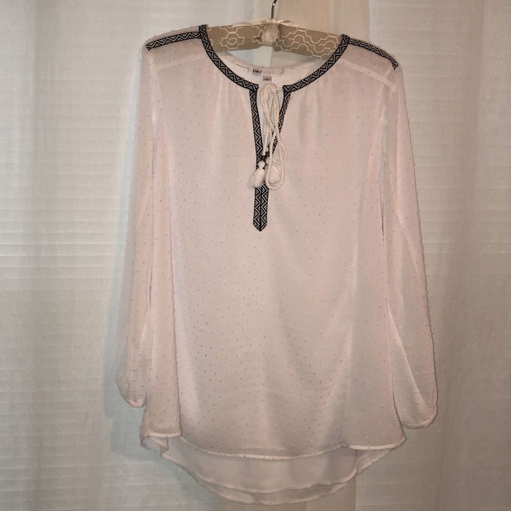 DR2 L White Black Swiss Dot Embroidered Front Tassel Tie Long Sleeve Blouse